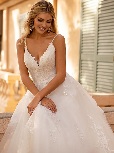 Full A-line Wedding Dress With Beaded Straps and Shimmer Net Moonlight Collection J6801 Full A-line Wedding Dress With Beaded Straps and Shimmer Net Moonlight Collection J6801