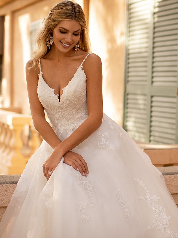 Full A-line Wedding Dress With Beaded Straps and Shimmer Net Moonlight Collection J6801 Full A-line Wedding Dress With Beaded Straps and Shimmer Net Moonlight Collection J6801