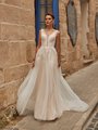 Moonlight Collection J6811 dreamy boho V-neck A-line bridal gown with ivory lace appliques over ivory tulle and taupe lining