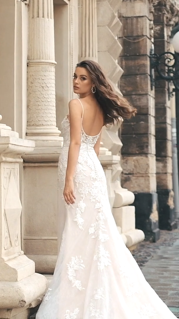 Moonlight Collection J6812 all lace trumpet bridal gown with beaded straps and plunging neckline and low illusion back Moonlight Collection J6812 all lace trumpet bridal gown with beaded straps and plunging neckline and low illusion back