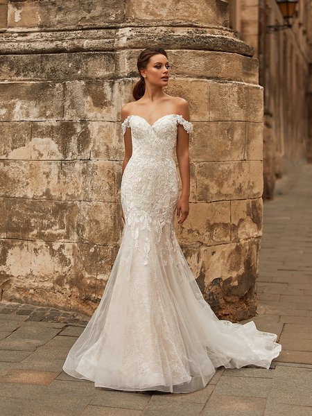 Moonlight Collection J6813 off-the-shoulder all over lace mermaid with beaded lace appliques and lace swag sleeves Moonlight Collection J6813 off-the-shoulder all over lace mermaid with beaded lace appliques and lace swag sleeves