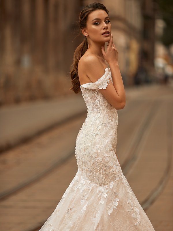 Moonlight Collection J6813 elegant figure-flattering mermaid tulle and Chantilly lace off-the-shoulder bridal gown Moonlight Collection J6813 elegant figure-flattering mermaid tulle and Chantilly lace off-the-shoulder bridal gown