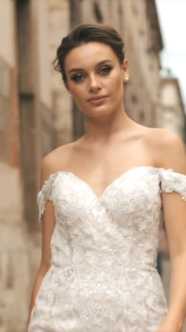 Moonlight Collection J6813 romantic and classy off-the-shoulder mermaid gown with beaded lace appliques and Chantilly lace Moonlight Collection J6813 romantic and classy off-the-shoulder mermaid gown with beaded lace appliques and Chantilly lace