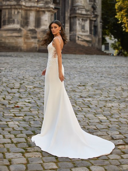 Moonlight Collection J6815 simple and chic deep illusion V-back crepe back satin mermaid gown with chapel train