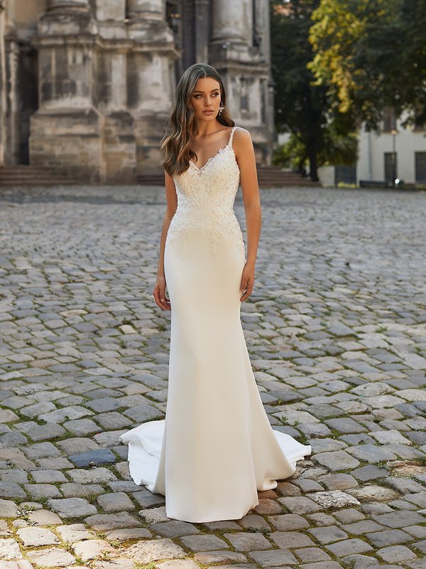 Moonlight Collection J6815 ivory crepe back satin sweetheart with straps mermaid wedding gown with beaded lace bodice