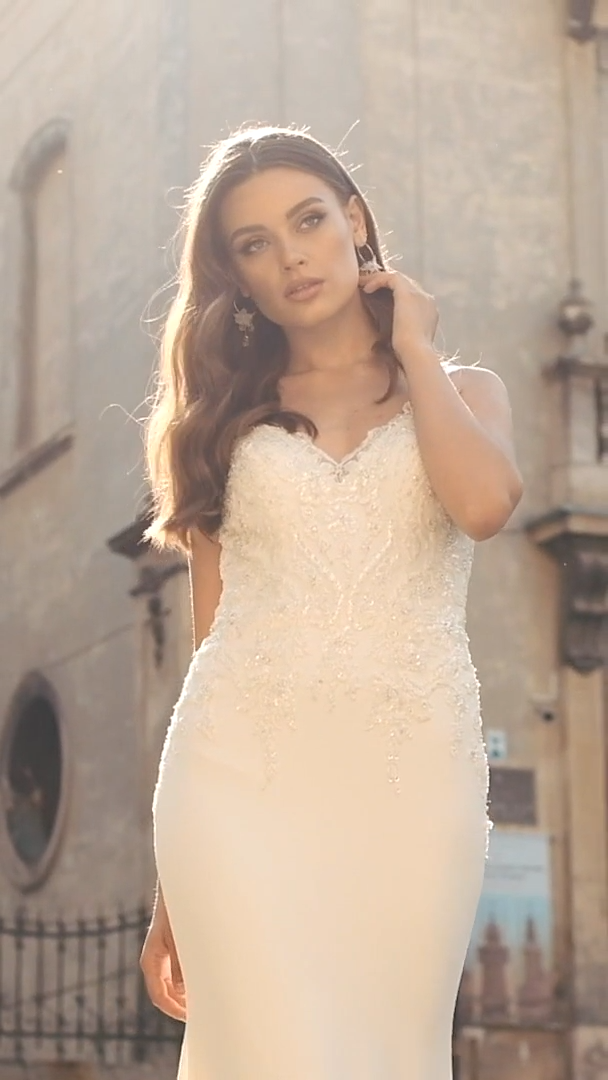 Moonlight Collection J6815 breathtaking beaded lace appliques over crepe back satin mermaid gown with chapel train Moonlight Collection J6815 breathtaking beaded lace appliques over crepe back satin mermaid gown with chapel train