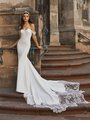 Moonlight Collection J6817 crepe mermaid wedding gown with sweetheart neckline lace swag sleeves and illusion lace train