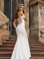 Moonlight Collection J6817 stunning regal crepe gown with buttons along illusion lace back, zipper and continue to godet