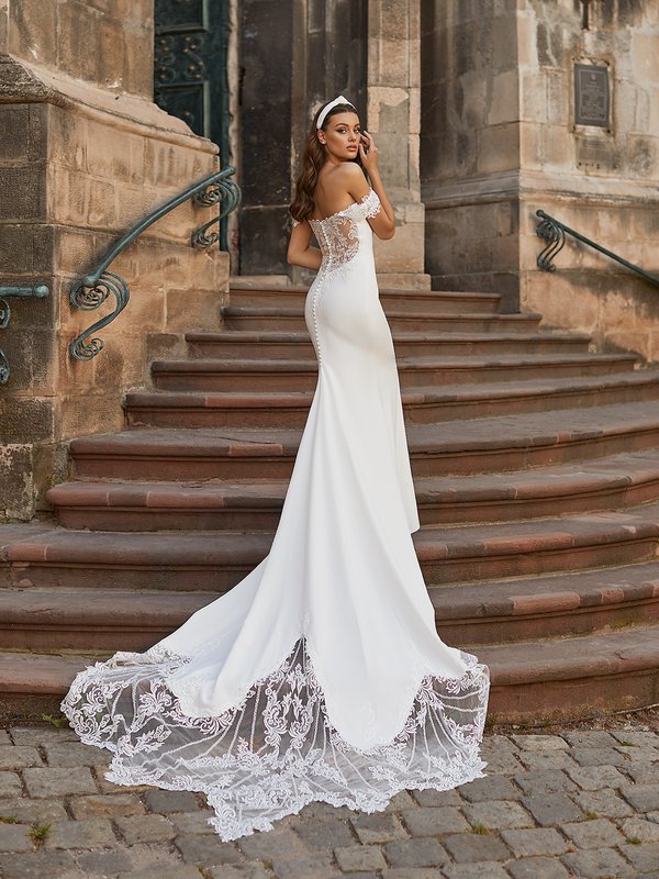 Off the Shoulder Crepe Mermaid Wedding Dress with Lace Accented Train