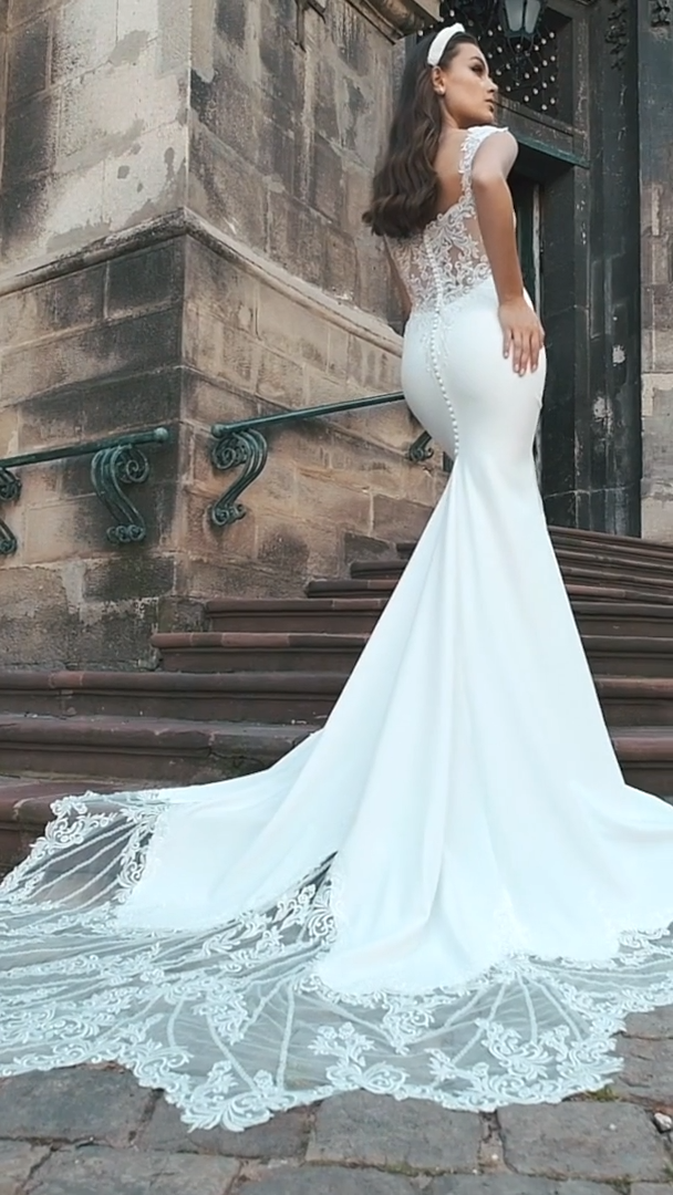 Moonlight Collection J6817 chic all ivory crepe sweetheart mermaid wedding gown with lace swag sleeves and see-through chapel train