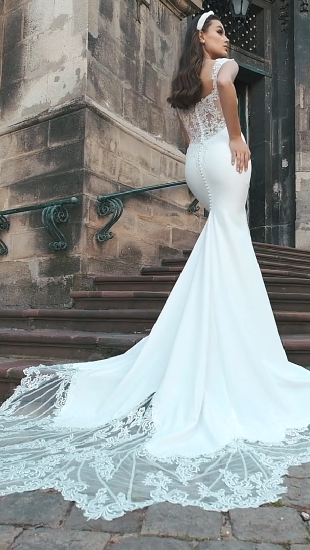 Off-the Shoulder Crepe Mermaid Wedding Dress with Lace Accented Train