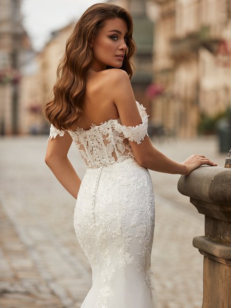 Moonlight Collection J6819 lovely re-embroidered lace applique over net mermaid gown with illusion open back and swag sleeves