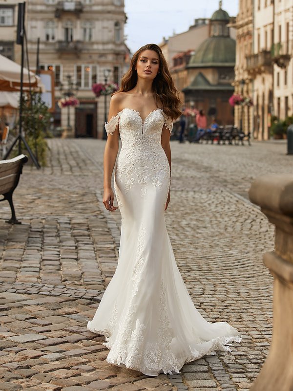Moonlight Collection J6819 romantic net mermaid gown with re-embroidered lace appliques, sweetheart neck and swag sleeves