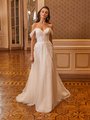 Moonlight Collection J6821 Mixed Lace A-Line Bridal Gown With Floral Lace Appliques, Pleated Illusion Bodice, and Swag Sleeves Moonlight Collection J6821 Mixed Lace A-Line Bridal Gown With Floral Lace Appliques, Pleated Illusion Bodice, and Swag Sleeves