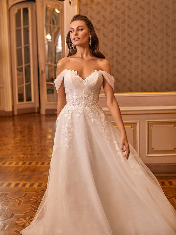 Moonlight Collection J6821 Mixed Lace Off-The-Shoulder Criss Cross Ruched Sweetheart A-Line Wedding Dress With Boning