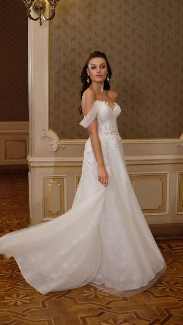 Moonlight Collection J6821 Mixed Lace Off-The-Shoulder A-Line Wedding Gown With Pleated Bodice And Tulle Swag Sleeves Moonlight Collection J6821 Mixed Lace Off-The-Shoulder A-Line Wedding Gown With Pleated Bodice And Tulle Swag Sleeves