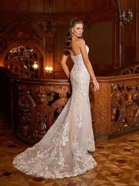 Moonlight Collection J6822 Strapless Open Back Bridal Gown With Sheer Sparkle Floral Chapel Train With Buttons Along Zipper Moonlight Collection J6822 Strapless Open Back Bridal Gown With Sheer Sparkle Floral Chapel Train With Buttons Along Zipper