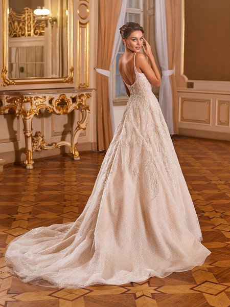 Moonlight Collection J6824 Glittery A-Line Bridal Gown With Scoop Back Beaded Appliques, Spaghetti Straps, And Buttons Along Zipper Moonlight Collection J6824 Glittery A-Line Bridal Gown With Scoop Back Beaded Appliques, Spaghetti Straps, And Buttons Along Zipper