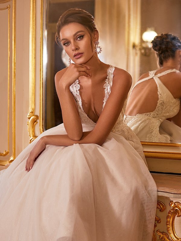 Moonlight Collection J6825 Crisscross Keyhole Back Wedding Dress With Mixed Lace Straps And Sparkly Skirt Moonlight Collection J6825 Crisscross Keyhole Back Wedding Dress With Mixed Lace Straps And Sparkly Skirt