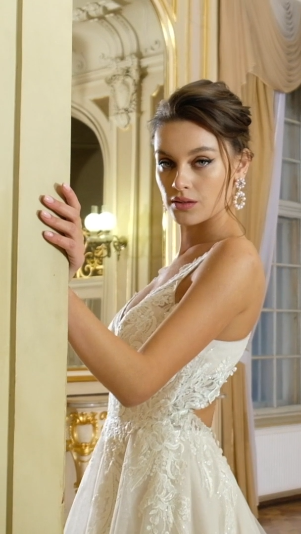 Moonlight Collection J6825 Glittery Full A-Line Foliage Lace Halter Neck Wedding Dress With Keyhole Back And Lace Trimmed Train Moonlight Collection J6825 Glittery Full A-Line Foliage Lace Halter Neck Wedding Dress With Keyhole Back And Lace Trimmed Train