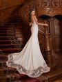 Moonlight Collection J6826 Low Illusion V-Back Crepe Bridal Gown With Buttons Along Zipper to End Of Illusion Lace Shaped Train