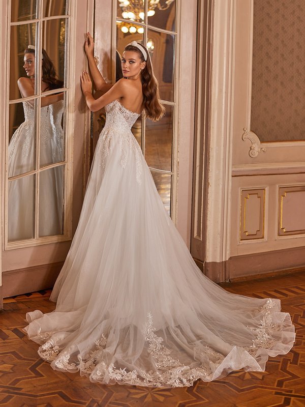 Moonlight Collection J6827 Sheer Strapless Open Back Bridal Gown With Buttons Along Zipper And Long Sheer Lace Trimmed Train Moonlight Collection J6827 Sheer Strapless Open Back Bridal Gown With Buttons Along Zipper And Long Sheer Lace Trimmed Train