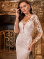 Moonlight Collection J6828 Fitted Graphic Mixed Lace Illusion V-Neck Wedding Dress With Long Sheer Lace Sleeves