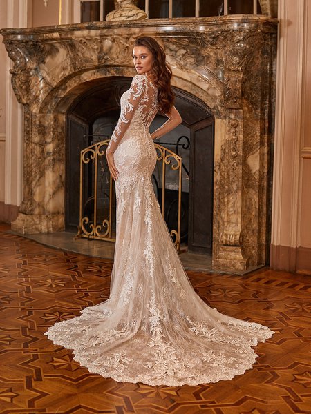 Moonlight Collection J6828 Illusion Bateau Tattoo Leaf Lace Back Mermaid Wedding Sheer Chantilly Lace Scalloped Chapel Train Moonlight Collection J6828 Illusion Bateau Tattoo Leaf Lace Back Mermaid Wedding Sheer Chantilly Lace Scalloped Chapel Train