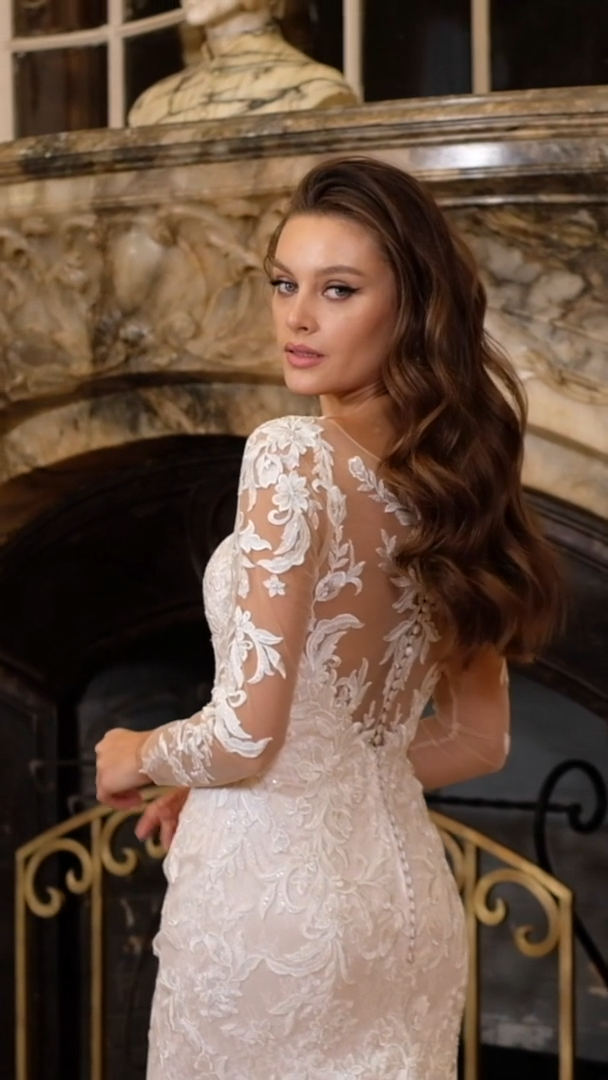 Moonlight Collection J6828 Long Sheer Sleeve Chantilly Lace V-Neck Bridal Gown With Illusion Tattoo Floral Lace Bateau Back