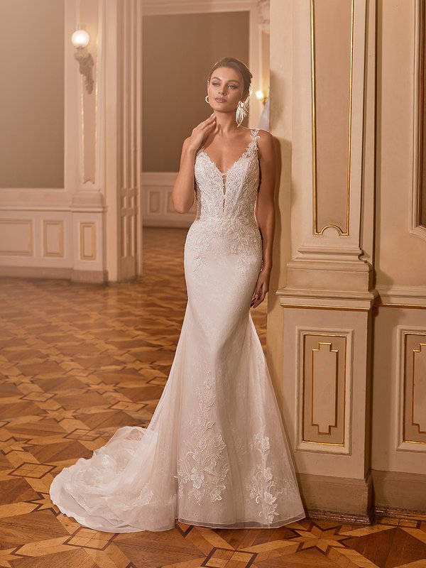 Moonlight Collection J6829 Matte Lace Mermaid Wedding Dress With Sparkly Floral Lace Bodice and Narrow Illusion Plunge and V-neck Moonlight Collection J6829 Matte Lace Mermaid Wedding Dress With Sparkly Floral Lace Bodice and Narrow Illusion Plunge and V-neck