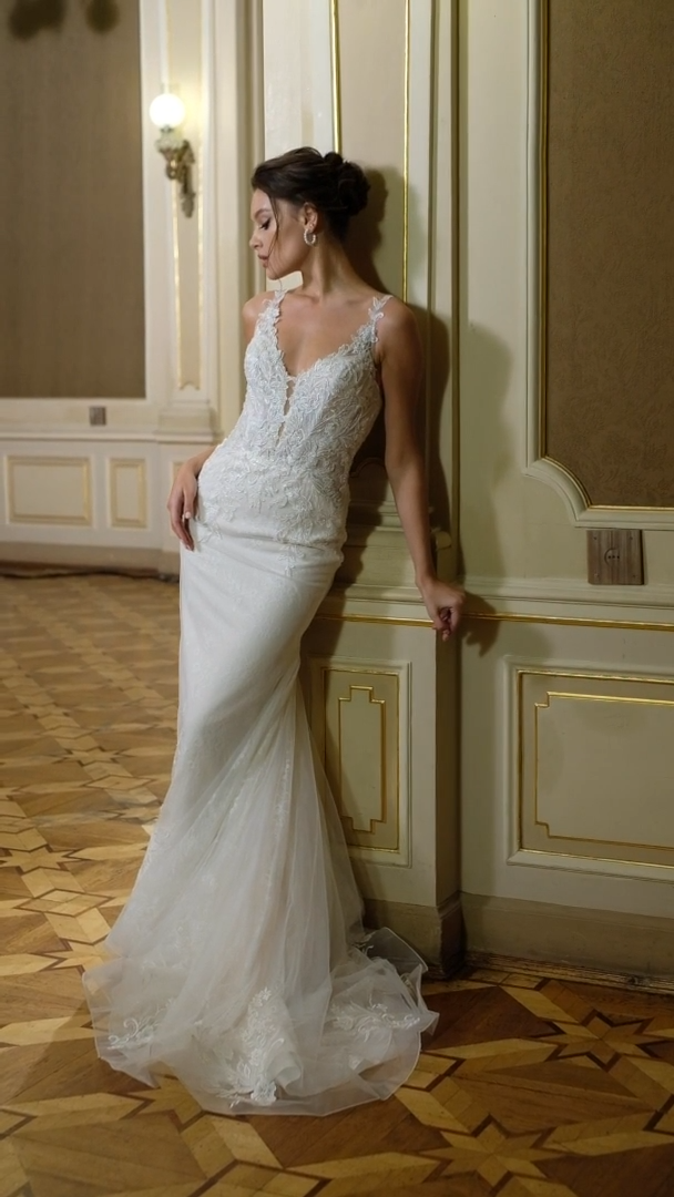 Moonlight Collection J6829 Mixed Floral Lace V-Neck Mermaid Wedding Dress With Illusion Back And Beaded Lace Appliques Moonlight Collection J6829 Mixed Floral Lace V-Neck Mermaid Wedding Dress With Illusion Back And Beaded Lace Appliques