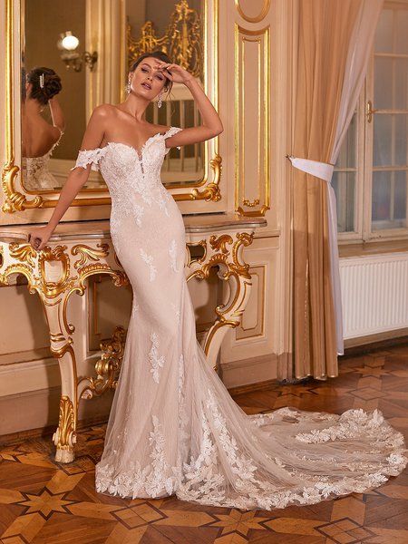 Moonlight Collection J6830 Shimmery Sweetheart With Illusion Inset Mermaid Bridal Gown And Botanical Hem Lace and Swag Sleeves Moonlight Collection J6830 Shimmery Sweetheart With Illusion Inset Mermaid Bridal Gown And Botanical Hem Lace and Swag Sleeves