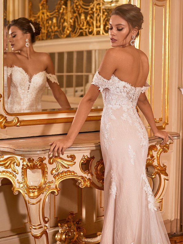 Moonlight Collection J6830 Fitted Sparkly Open Back Wedding Dress With Sheer Corset Panel Buttons Along Zipper and Swag Sleeves Moonlight Collection J6830 Fitted Sparkly Open Back Wedding Dress With Sheer Corset Panel Buttons Along Zipper and Swag Sleeves