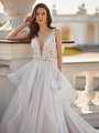 Moonlight Collection J6833 Eye-Catching Beaded Lace Appliques Bodice and Organza Cascades Ball Gown