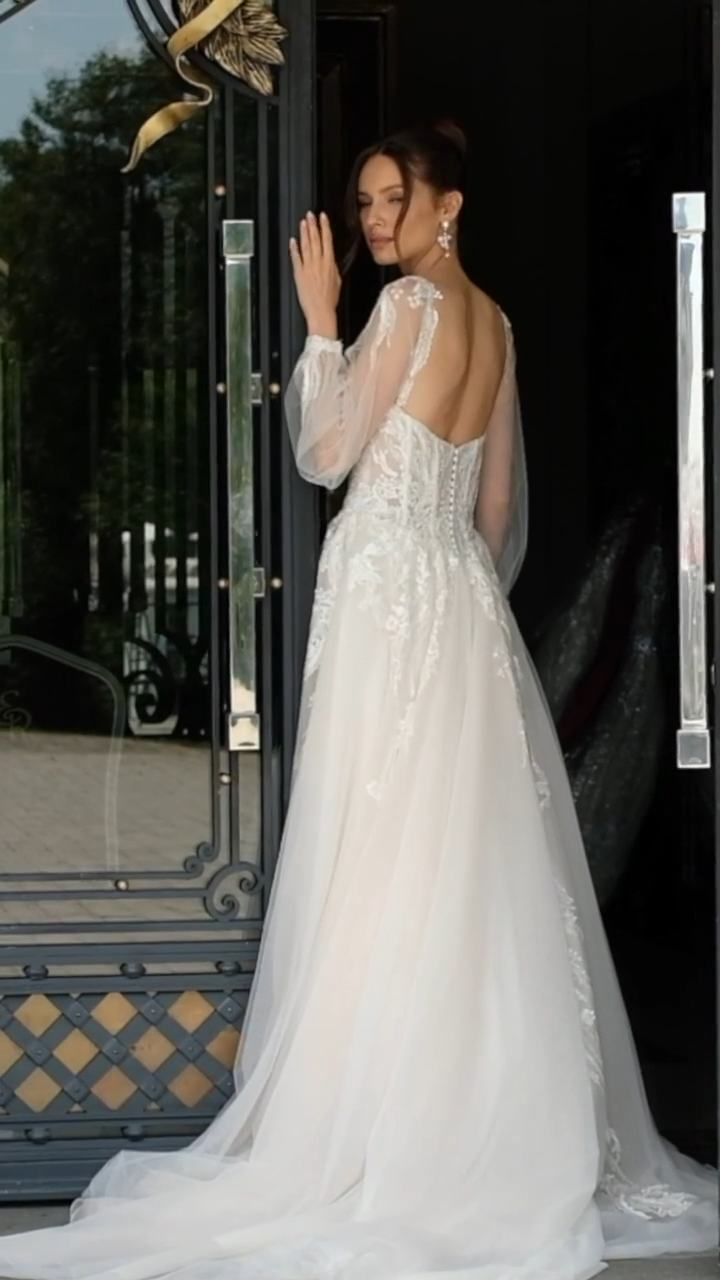 Moonlight Collection J6837 Stunning Illusion Open Back Full A-Line with Detachable Bishiop Sleeves