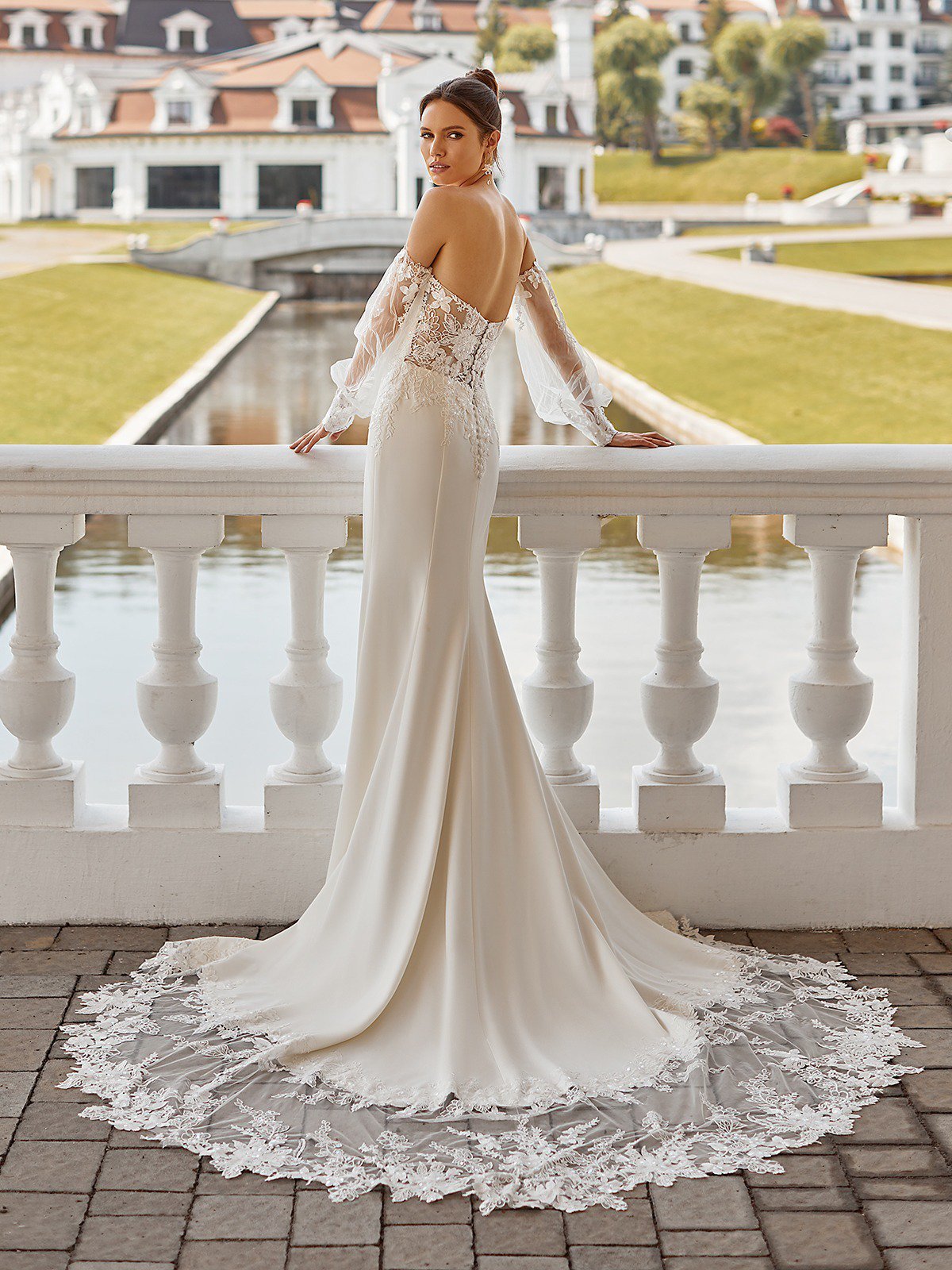 Cotton Lace Wedding Dress with Open Back and Detachable Sleeves by