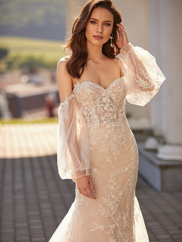 Moonlight Collection J6841 Unlined Strapless Sweetheart Mermaid Gown with Detachable Off-Shoulder Bishop Sleeves Moonlight Collection J6841 Unlined Strapless Sweetheart Mermaid Gown with Detachable Off-Shoulder Bishop Sleeves