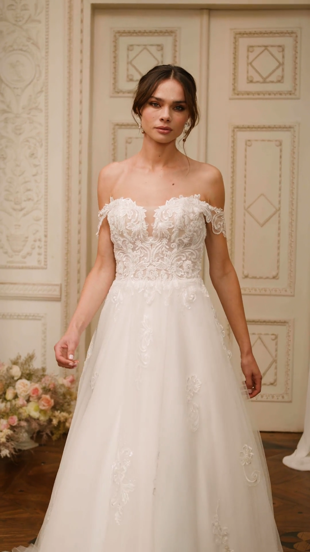Moonlight Collection J6854 Flowy Tulle and Beaded Lace Appliques Full A-Line Wedding Dress
