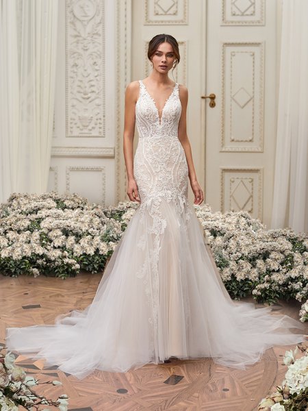 Moonlight Collection J6855 Beautiful Unlined Bodice Deep V-Neck Tulle and Sparkly Lace Appliques Mermaid