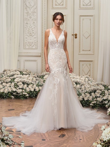 Moonlight Collection J6855 Beautiful Unlined Bodice Deep V-Neck Tulle and Sparkly Lace Appliques Mermaid Moonlight Collection J6855 Beautiful Unlined Bodice Deep V-Neck Tulle and Sparkly Lace Appliques Mermaid