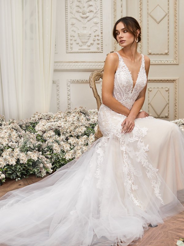 Moonlight Collection J6855 Elegant Deep Unlined V-Neck Mermaid with Tulle and Lace Appliques Moonlight Collection J6855 Elegant Deep Unlined V-Neck Mermaid with Tulle and Lace Appliques