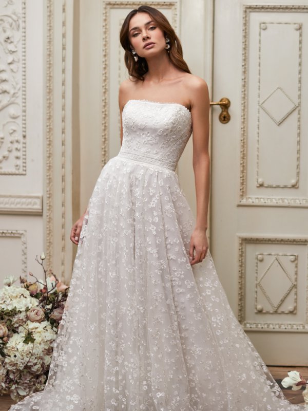 Moonlight Collection J6856 Beaded Garden Tulle and Embroidered Lace Tulle Strapless Straight Neck Full A-Line