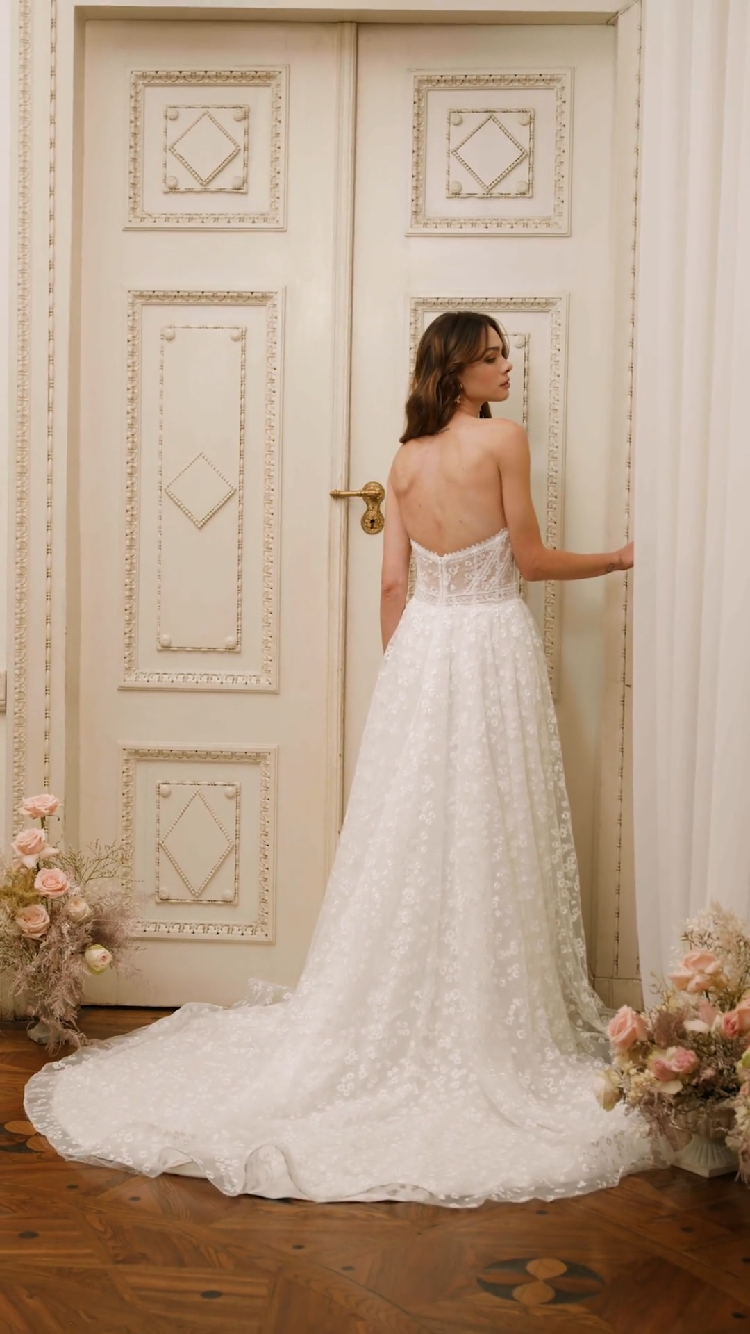 Moonlight Collection J6856 Garden Inspired Flowy Strapless Straight-Neck Embroidered Lace Tulle A-Line Dress Moonlight Collection J6856 Garden Inspired Flowy Strapless Straight-Neck Embroidered Lace Tulle A-Line Dress