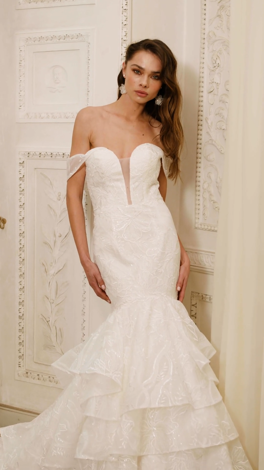 Strapless Sweetheart Sequins Embroidered Lace Tulle Mermaid with Ruffles Skirt Moonlight Collection J6861