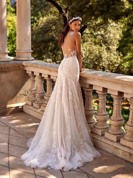 Moonlight Collection J6872 Sexy Bateau Illusion Back Wedding Dress with Lace Appliques and Crystal Buttons Moonlight Collection J6872 Sexy Bateau Illusion Back Wedding Dress with Lace Appliques and Crystal Buttons