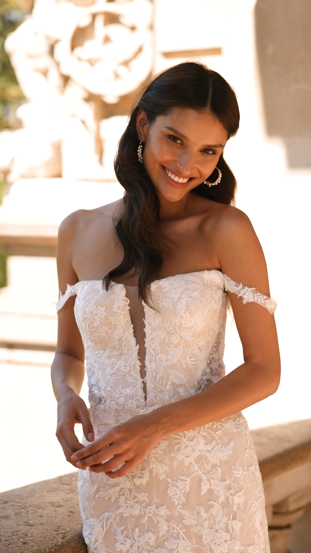 Moonlight Collection J6874 Tuscany Villa Inspired Off-Shoulder Straight Neck Mermaid in Tulle and Chantilly Lace Fabric