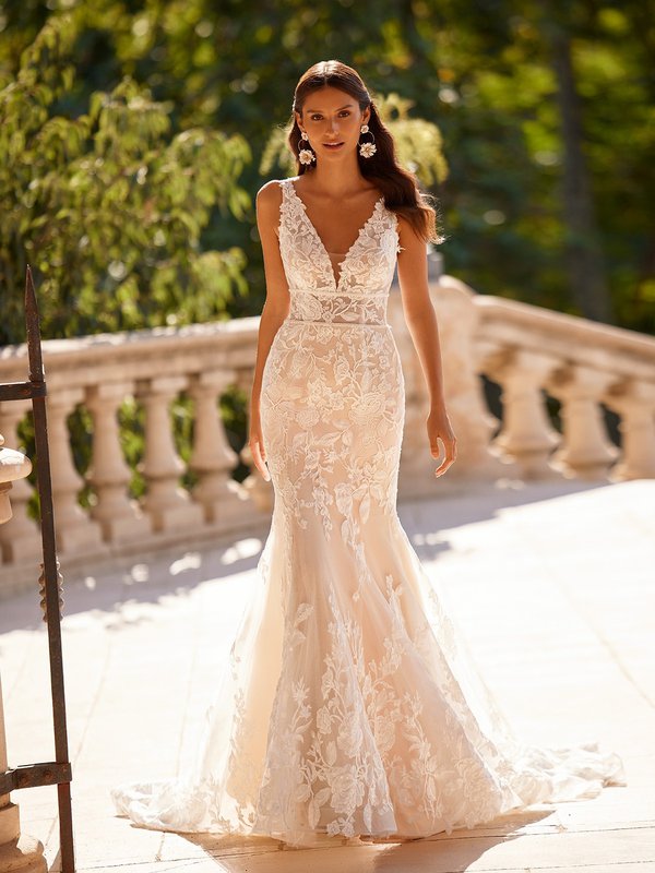 Moonlight Collection J6876 Illusion Deep V-Neck with Illusion Inset Lace Fit and Flare Bridal Gown