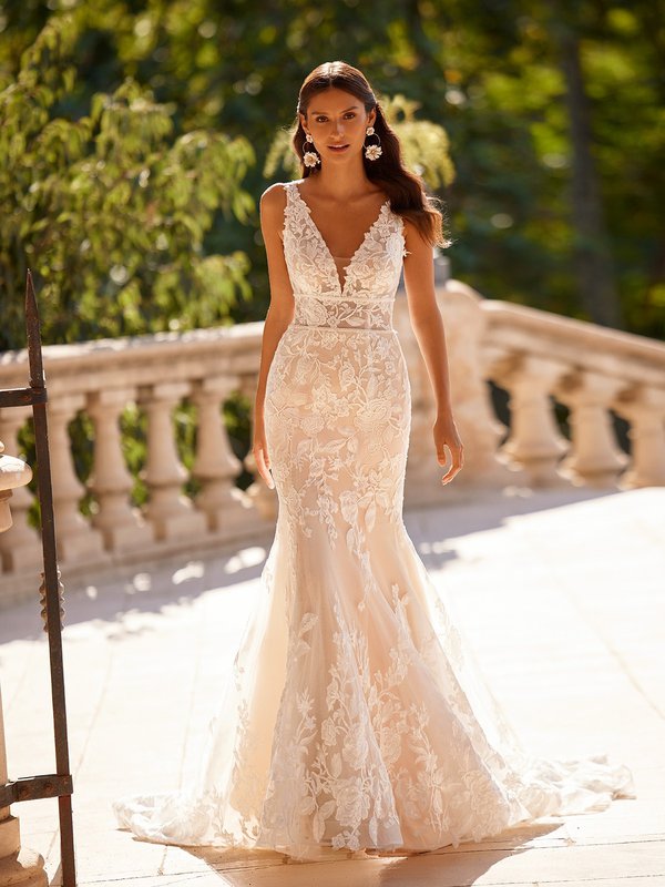 Beaded lace appliques deep V-neck sparkle tulle full A-line with cascades | Moonlight  Bridal H1484 | RK Bridal NYC