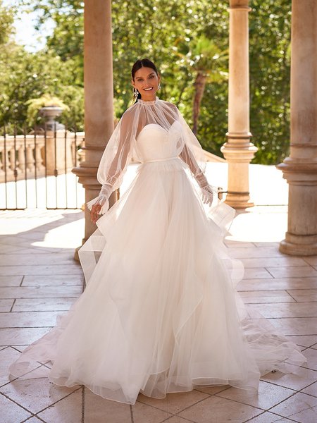 Moonlight Collection J6879 Flirty Detachable Tulle High Neck Jacket over Strapless Satin A-Line Gown Moonlight Collection J6879 Flirty Detachable Tulle High Neck Jacket over Strapless Satin A-Line Gown