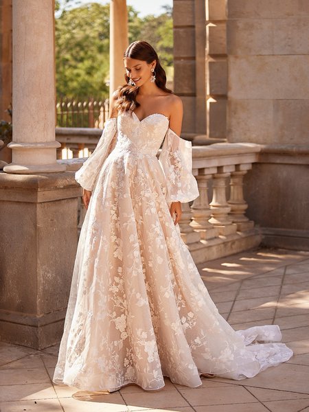 Moonlight Collection J6880 Floral Embroidered Net with Sequins A-Line Bridal Gown with Detachable Off-Shoulder Bishop Sleeves Included Moonlight Collection J6880 Floral Embroidered Net with Sequins A-Line Bridal Gown with Detachable Off-Shoulder Bishop Sleeves Included